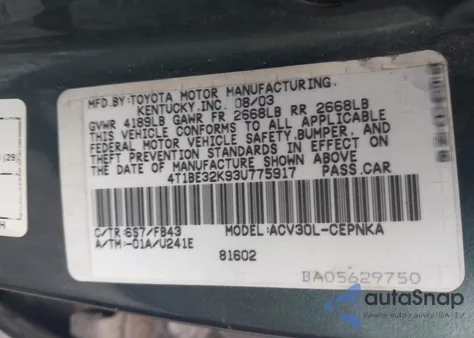 2003 Toyota Camry Le из США, поврежденный, VIN 4T1BE32K93U775917